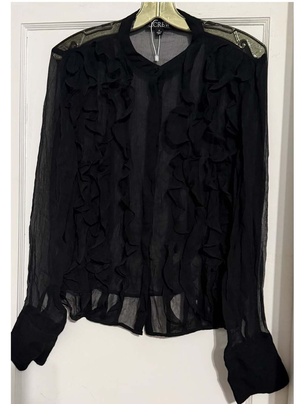 J.Crew Women’s Size 10 Black Sheer Ruffle Blouse – 100% Cupro
